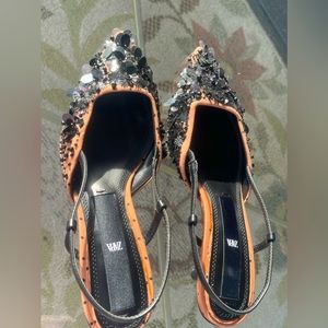 Zara Sequin Embellished Sling Kitten Heels, Size U.S. 7